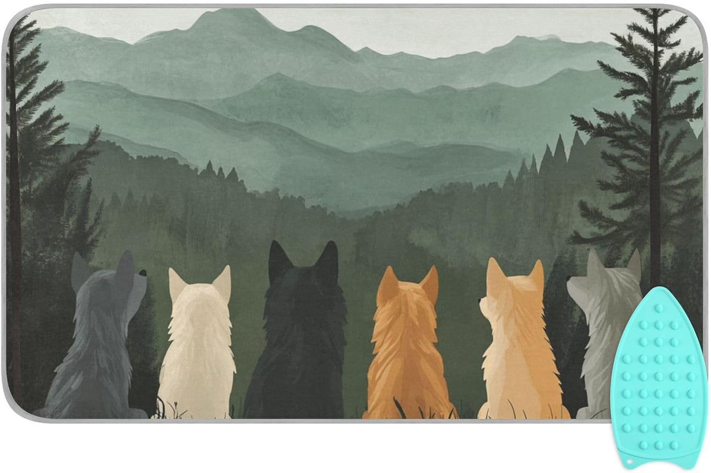 Ironing Mat Portable Ironing Pad Ironing Blanket for Table Top Heat Resistance Double-Side Using Travel Large 47.2 x 27.6 Inch Foldable Lightweight Cute Wolves Back and Green Mountain