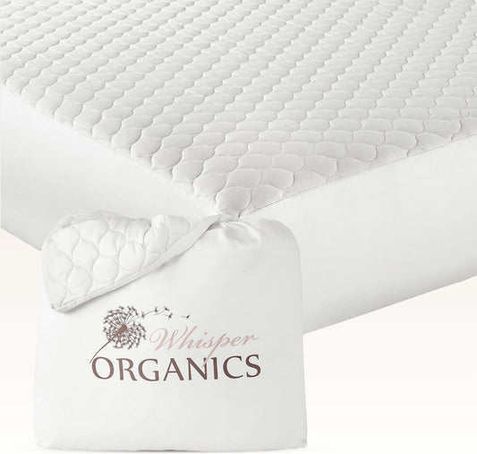 100% Cotton Organic Mattress Pad - Breathable & Cooling Mattress Protector Full Size - Premium 300GSM Quilted and Noiseless Machine Washable Organic Mattress Protector (White, Full)