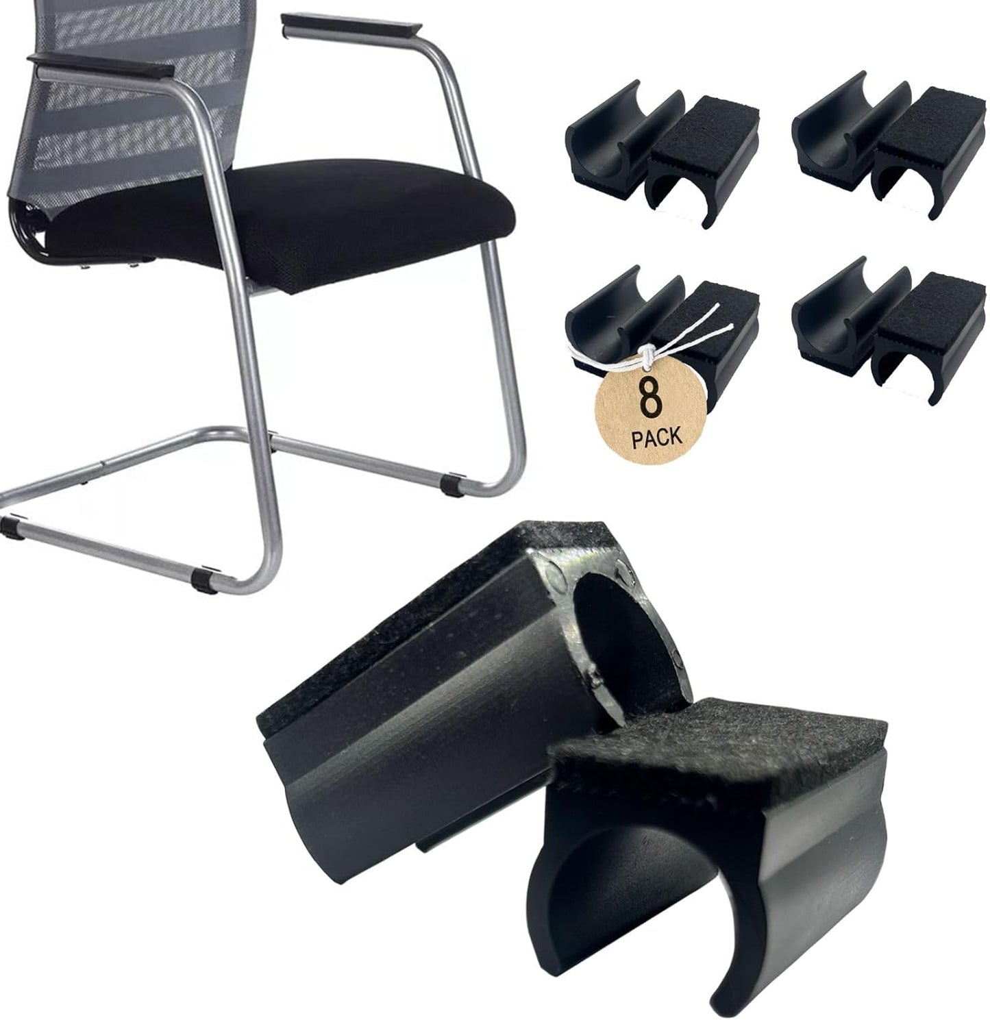 Rectangle U Shaped Chair Leg Tips Caps with Felt Pads,Furniture Feet Protector Slide Smoothly Glides No Scratches No Noise Protect Hardwood Floor,Fit 25mm(1inch) Diameter Tubular Leg (Black 8PCS)