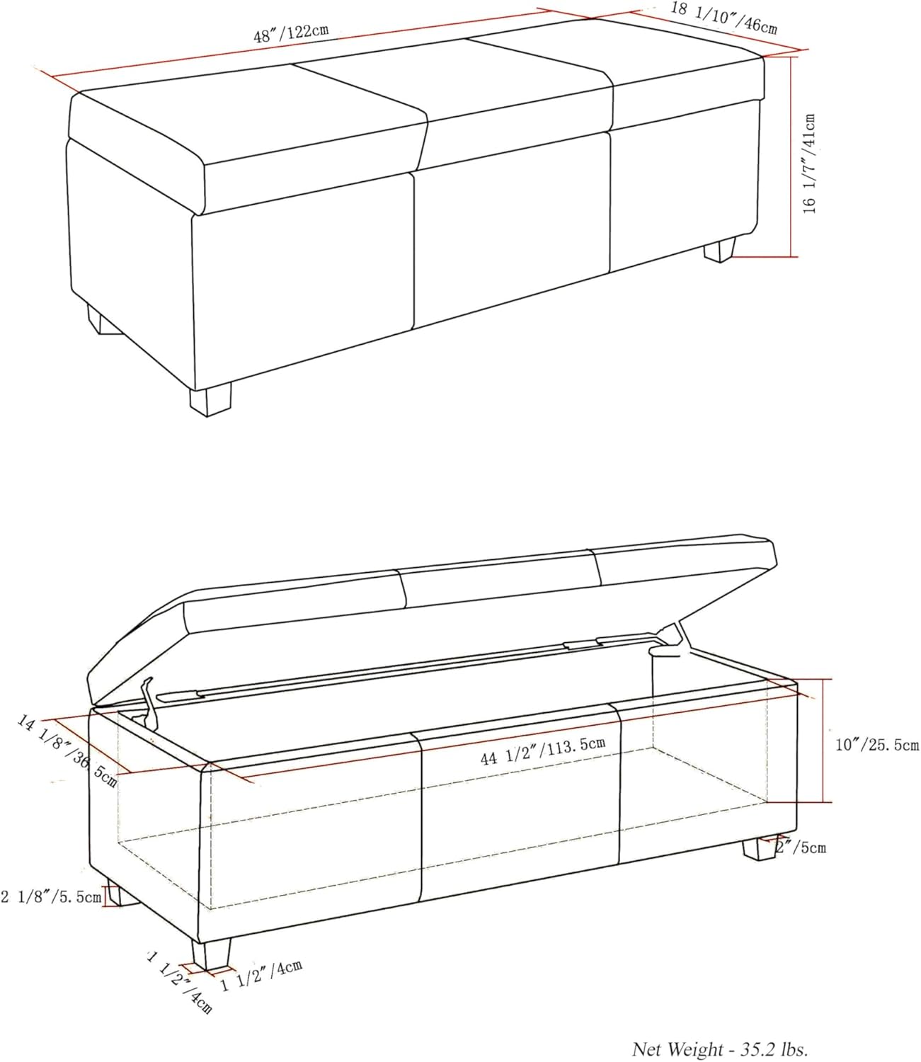 SIMPLIHOME Avalon 48 inch Wide Contemporary Rectangle Storage Ottoman Bench in Satin Cream Vegan Faux Leather, Assembled, for the Living Room, Entryway and Family Room