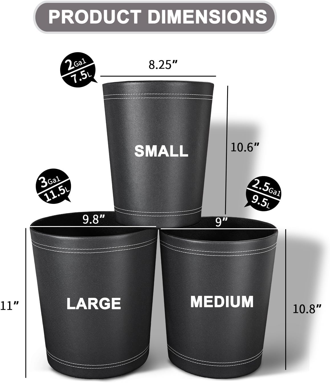 KINGFOM 3 Pack PU Leather Small Office Trash Can Wastebasket, Round Garbage Container Bin for Bathrooms, Powder Rooms, Kitchens, Home, Bedroom, High-Class Hotel, Black