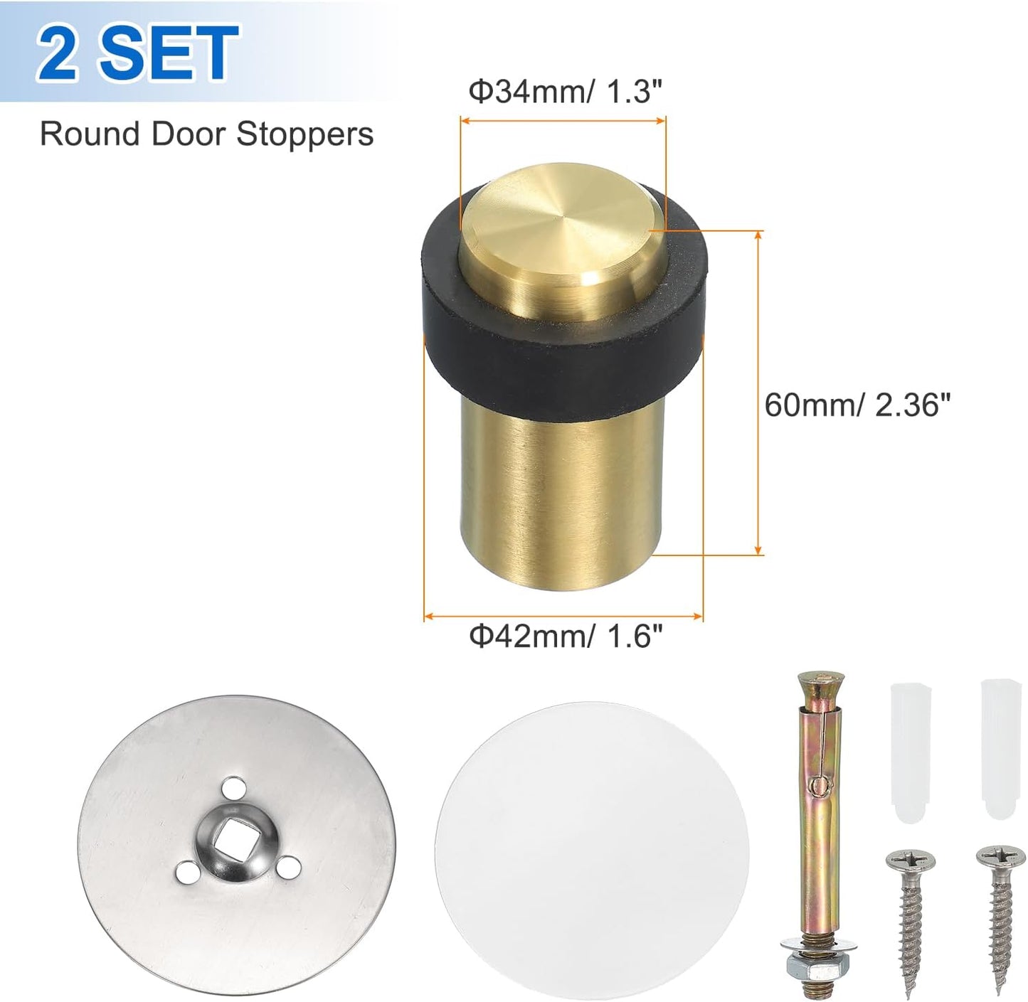 PATIKIL 2Set Round Door Stoppers, 60mm Stainless Steel Door Stop Doorstop Wedge Metal Cylinder Self Adhesive with Screw for Bottom of Door Floor Inside, Gray