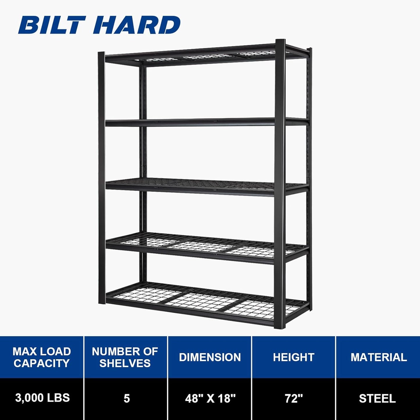 BILT HARD 48”W x 18”D x 72”H Garage Shelving, 5-Tier Heavy Duty Storage Shelves for Garage, Basement, Warehouse, Workshop, 3000 lbs Capacity