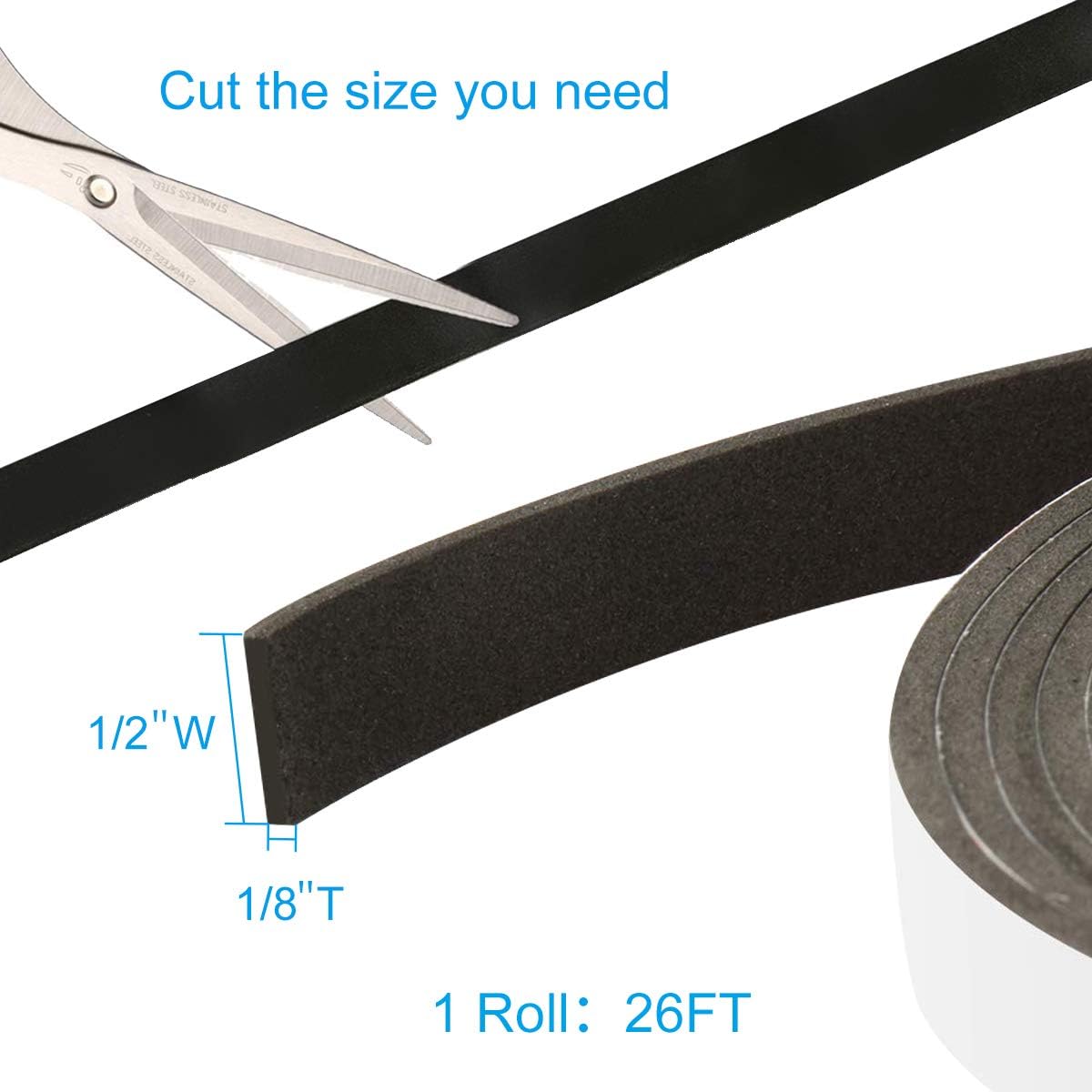 Foam Seal Tape 26 Feet Long, 1/2 Inch Wide x 1/8 Inch High Density Foam Strip Weather Stripping for Door and Window Insulation