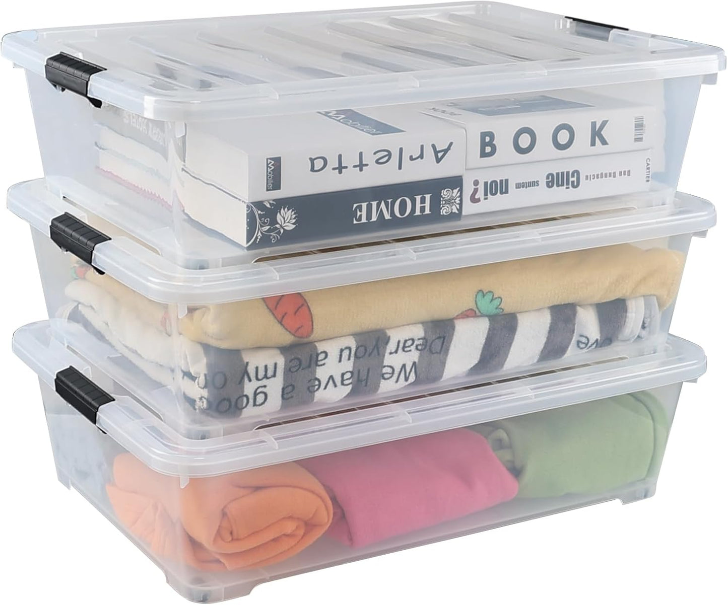 Kiddream 3-Pack 50 Quart Plastic Underbed Storage Bins with Lids/Wheels, Large Clear Storage Box