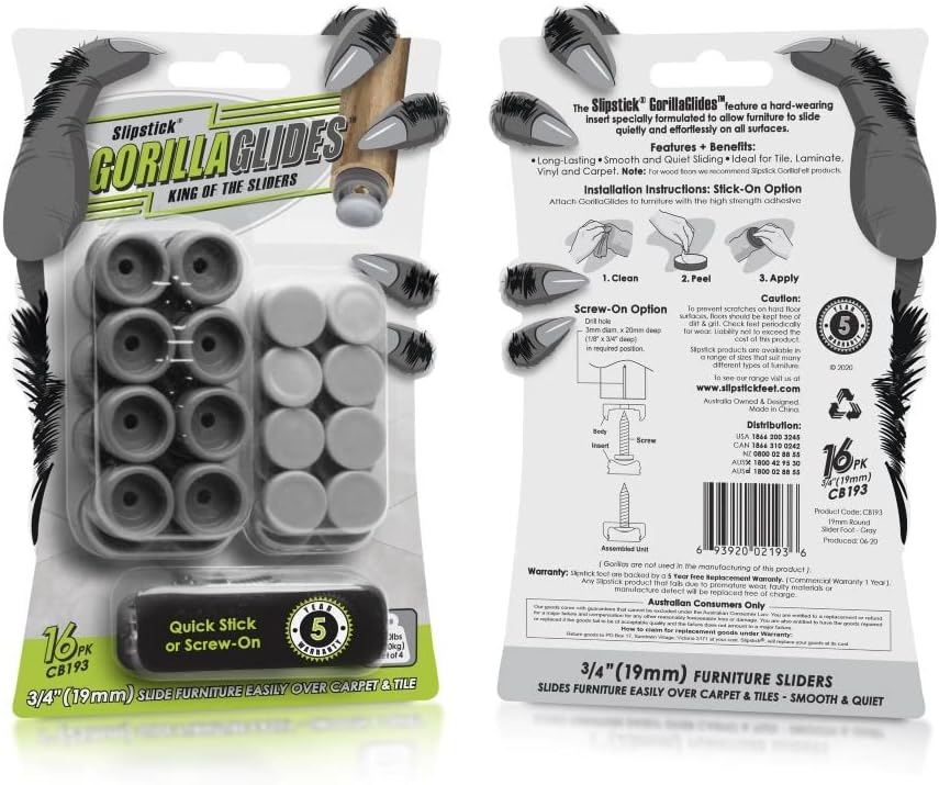 GorillaGlides CB193 3/4 Inch Chair Glides/Furniture Feet Floor Protectors (Set of 16 Sliders) Self-Adhesive Screw-On Glides for Sliding on Hard Surface Flooring and Low-Pile Carpet, Round