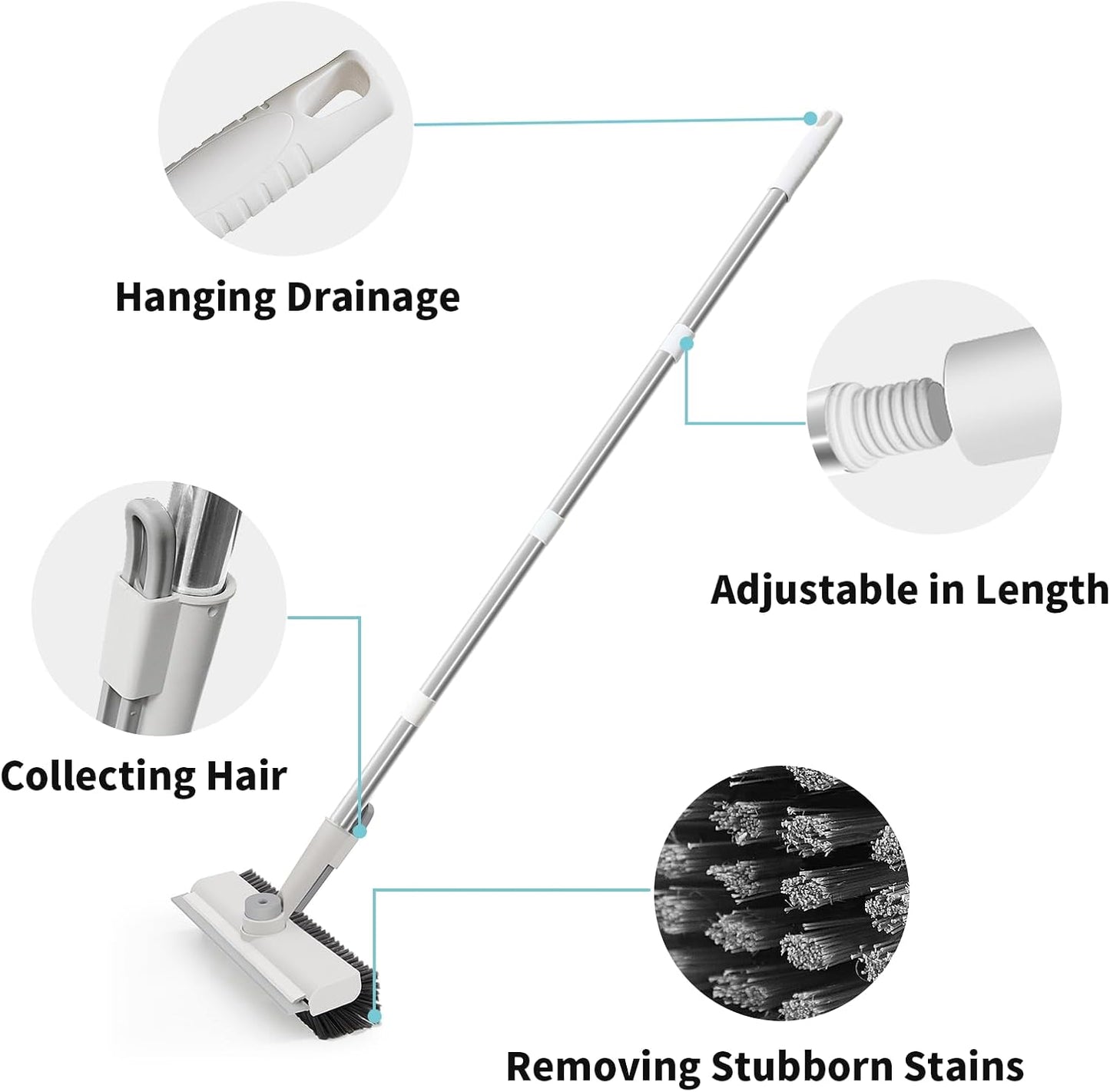 Floor Scrub Brush with Long Handle, 3 in 1 Scrape and Heavy-Duty Stiff Bristle Scrubber Brush for Cleaning Shower Bathroom, Patio, Garage, Kitchen, Wall and Deck (White, 2 Pack)