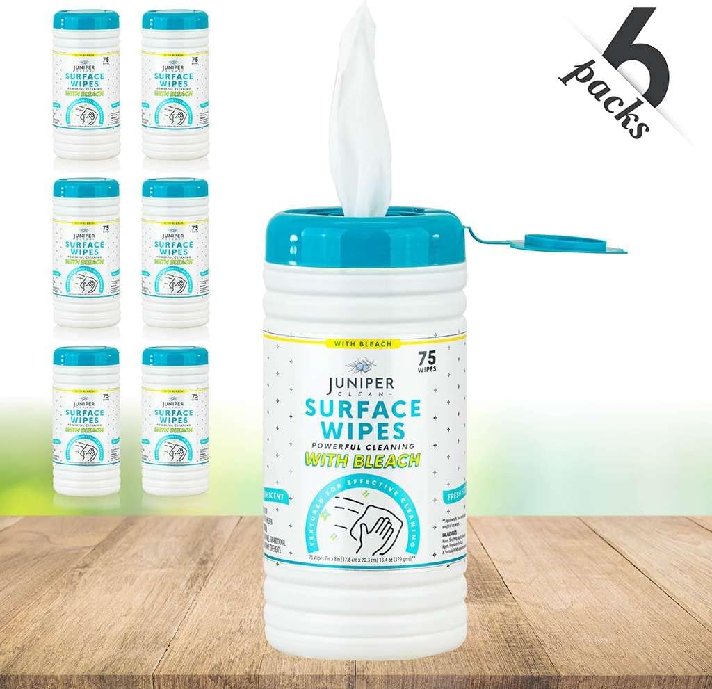 6 Pack Surface Cleaning Wipes with Bleach, All-Purpose Cleaner for Bathroom, Kitchen, Office, 450 Count Canister, Fresh Scent, 7.5" x 7" Sheet, Lint Free & Durable