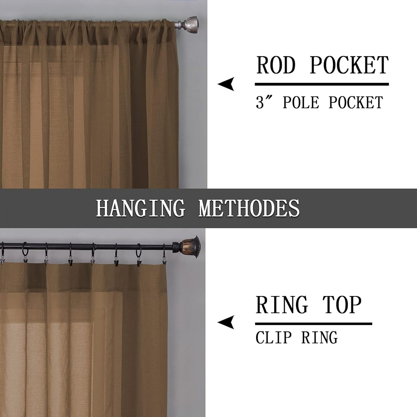 Tollpiz Sheer Curtains Linen Textured Living Room Curtain Sheers Light Filtering Rod Pocket Voile Curtains for Bedroom, 42 x 63 inches Long, Brown, Set of 2 Panels