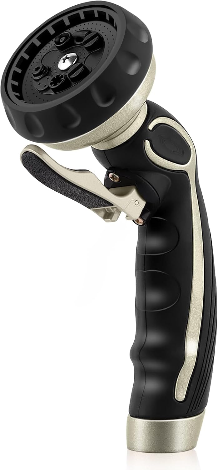 RESTMO Hose Nozzle with Easy Self-Lock Trigger, Heavy Duty Metal Water Hose Sprayer with 9 Spray Patterns and On/Off Valve, Ideal for Outdoor Lawn & Garden Watering, Car & Pet Washing