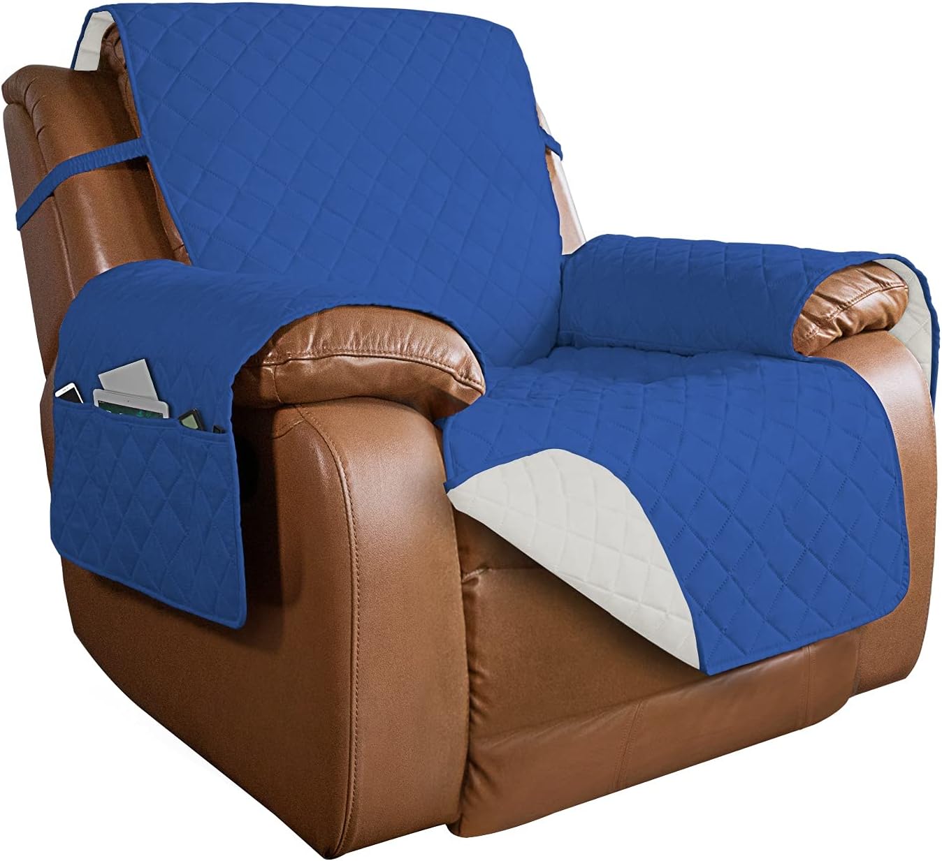 PureFit Reversible Quilted Oversized Recliner Sofa Cover, Water Resistant Furniture Protector, Washable Couch Cover with Elastic Straps for Kids, Pets (Large, Classic Blue/Ivory)