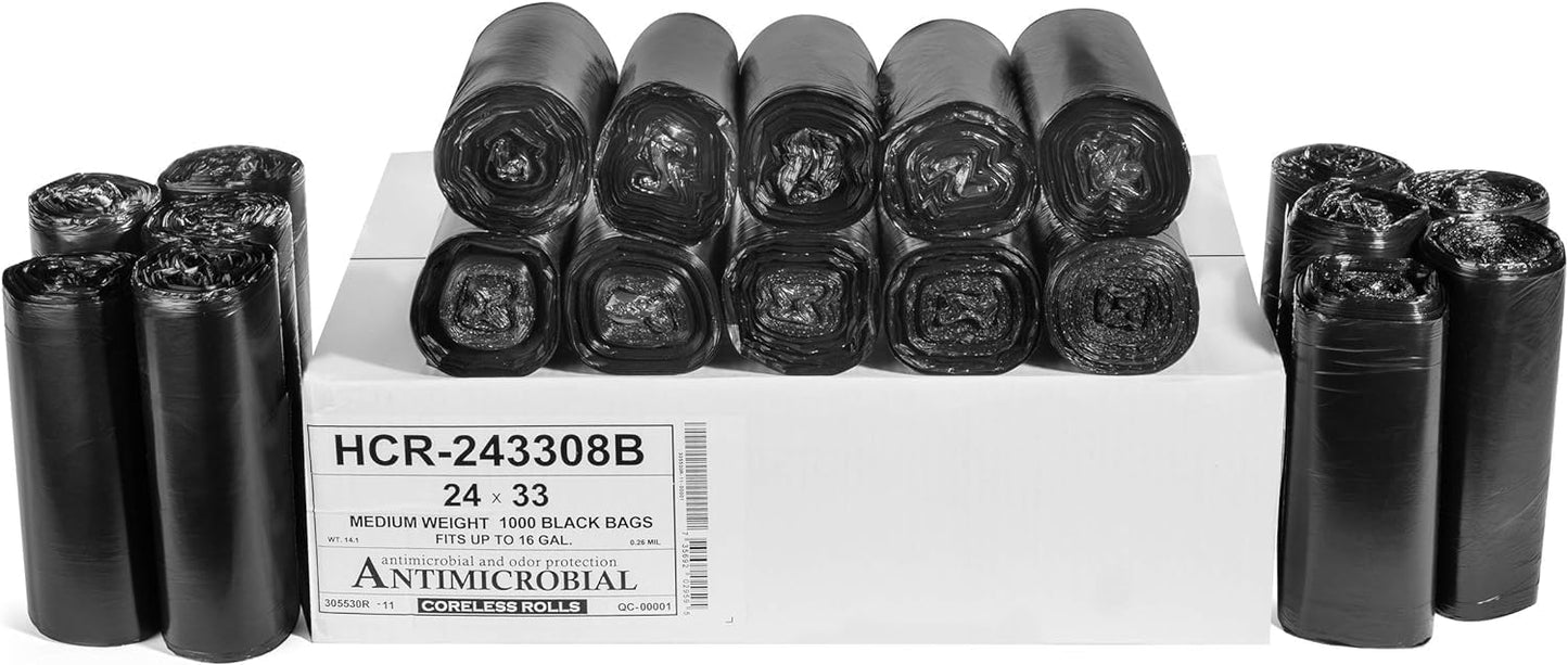 Aluf Plastics High Density Trash Bags, 16 Gallon, 1000 Count, 8 Micron (eq), 24" x 33", Black, for Bathroom, Office, Industrial, Commercial, Janitorial, Municipal, Recycling