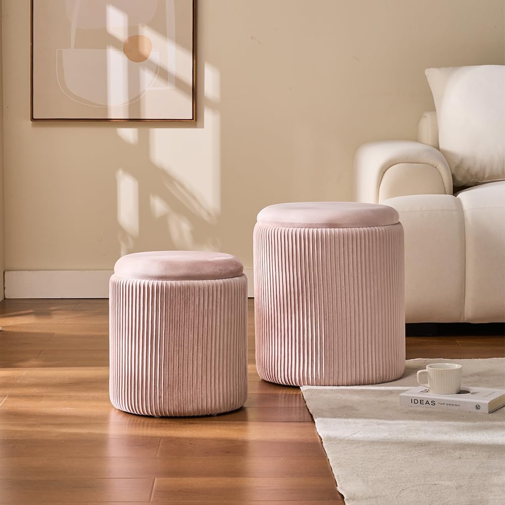 Round Set of 2 Ottoman with Storage-Upholstered Velvet Vanity Stool for Makeup Multifunctional Ottomans Coffee Table Padded Seat Foot Rest for Living Room&Bedroom (Pink)