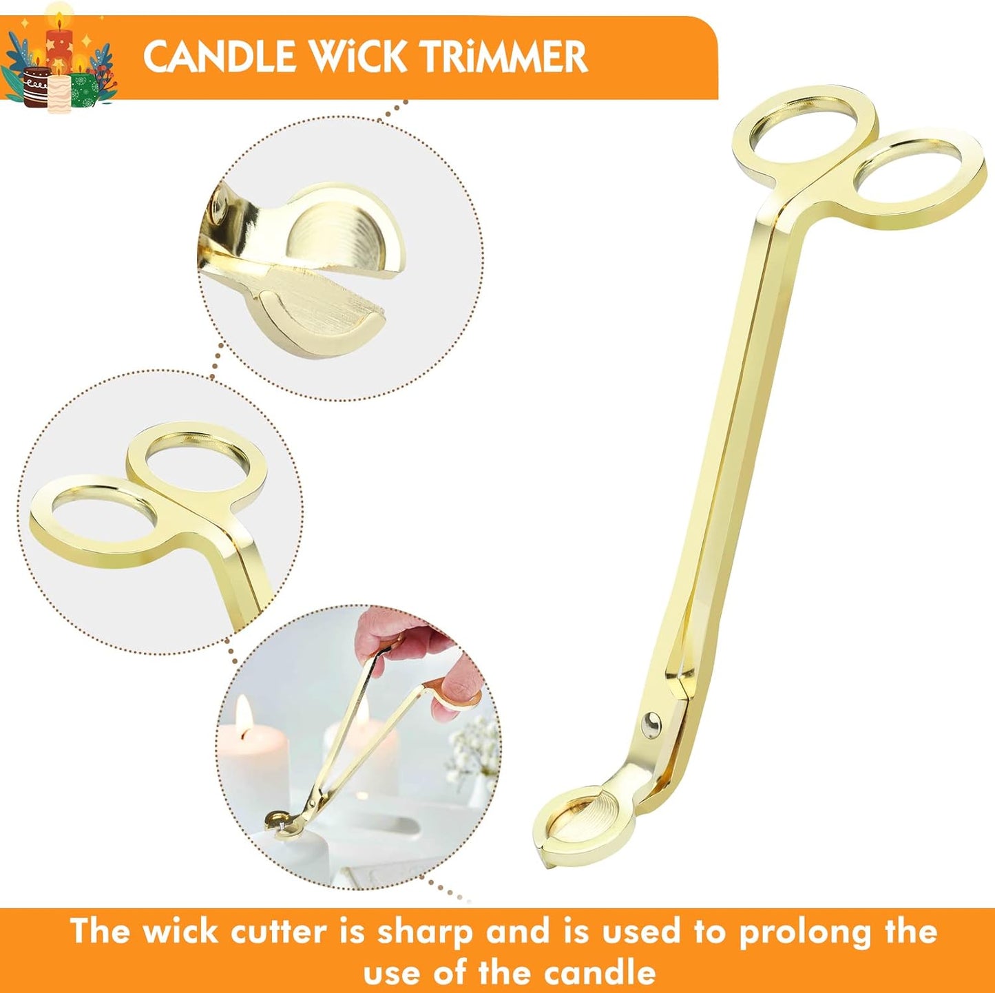 4 in 1 Candle Accessories Kit, Wick Trimmer, Candle Snuffer and Wick Trimmer, Candle Snuffer, Candle Wick Dipper with Velvet Pouch, Direction Card- Gift Package for Candle Lovers (Gold)