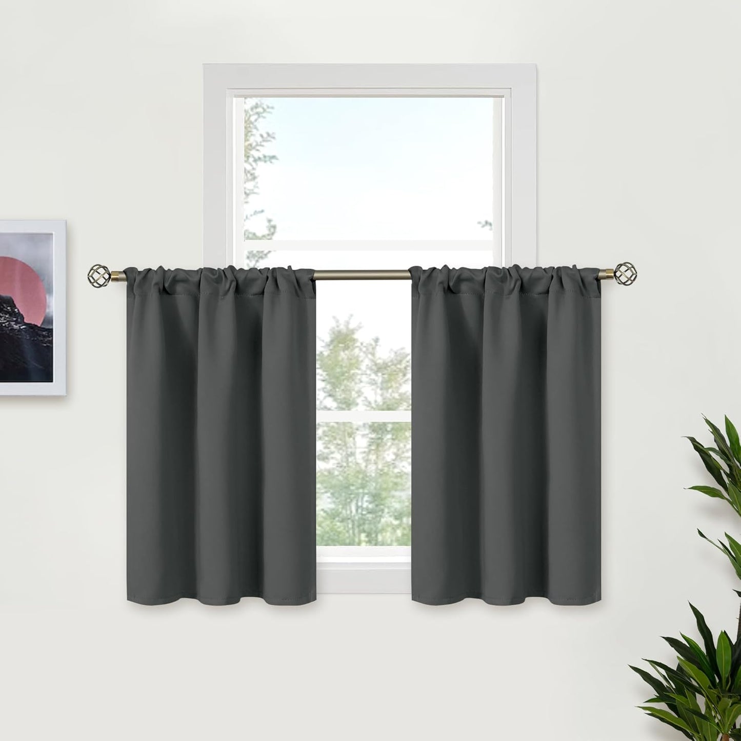 BGment Small Blackout Curtains 36 Inch Length for Kitchen Window Over Sink - Dark Grey Cafe Drapes Half Window with Rod Pocket for Rv Bathroom, 2 Panels, 34 x 36 Inch