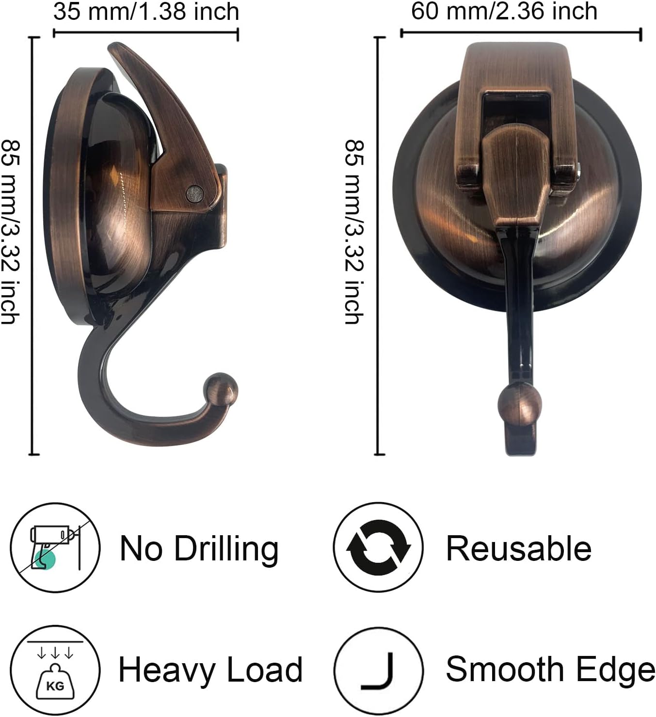 Heavy Duty Vacuum Suction Shower Hooks, Glass Suction Cup, for Bathroom Robe and Garland Decoration (2 Pack, Antique Brass)
