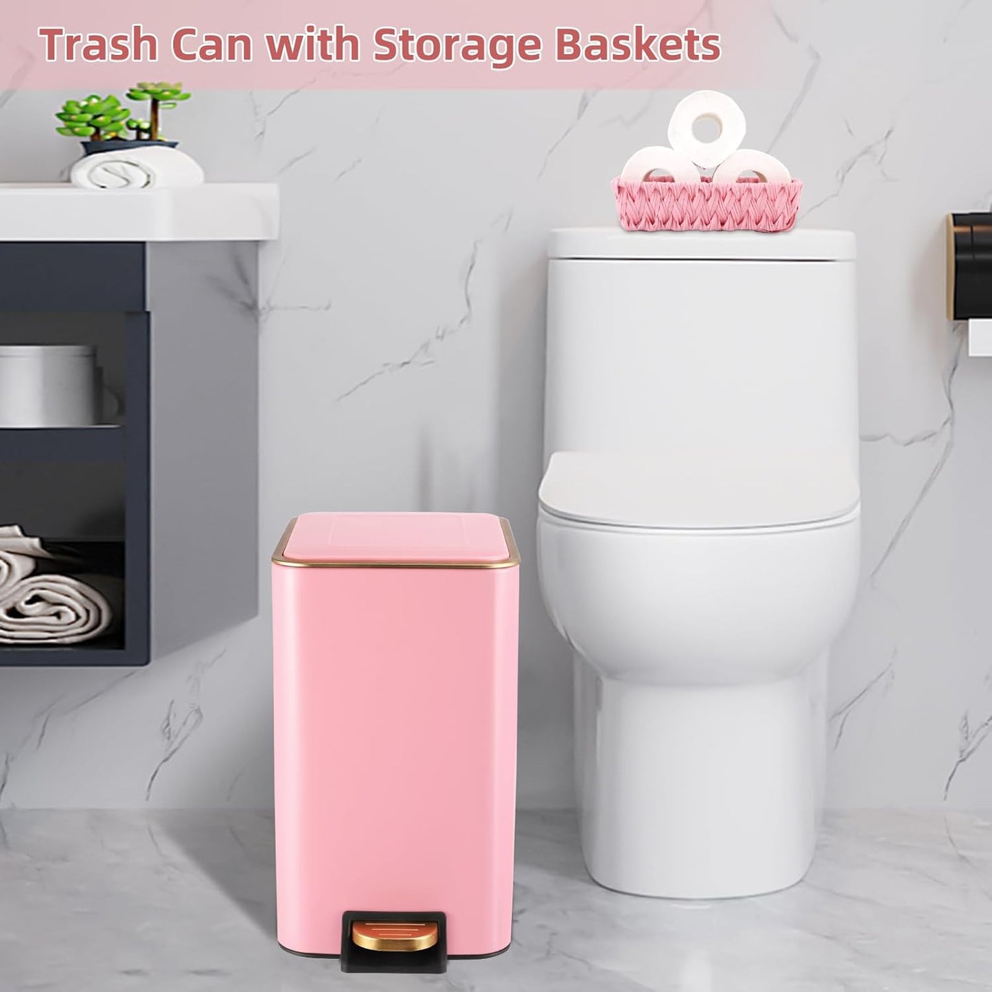 Small Bathroom Trash Can with Lid Soft Close, 1.8 Gallon Stainless Steel Garbage Can with Removable Inner Bucket,Wicker Storage Baskets,75Count Trash Bags, Slim Step Pedal Trash Bins