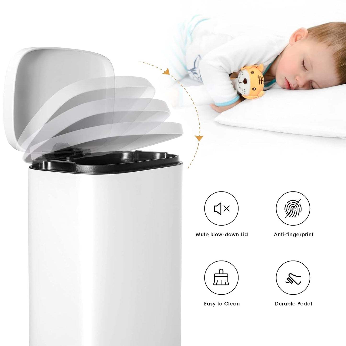 AthLike Trash Can, Stainless Steel Kitchen Garbage Can, Step Waste Bin with Hinged Lid and Removable Inner Bucket, Soft-Close, Dustbin for Bathroom Bedroom Living Room Home (White, 8 Gal)