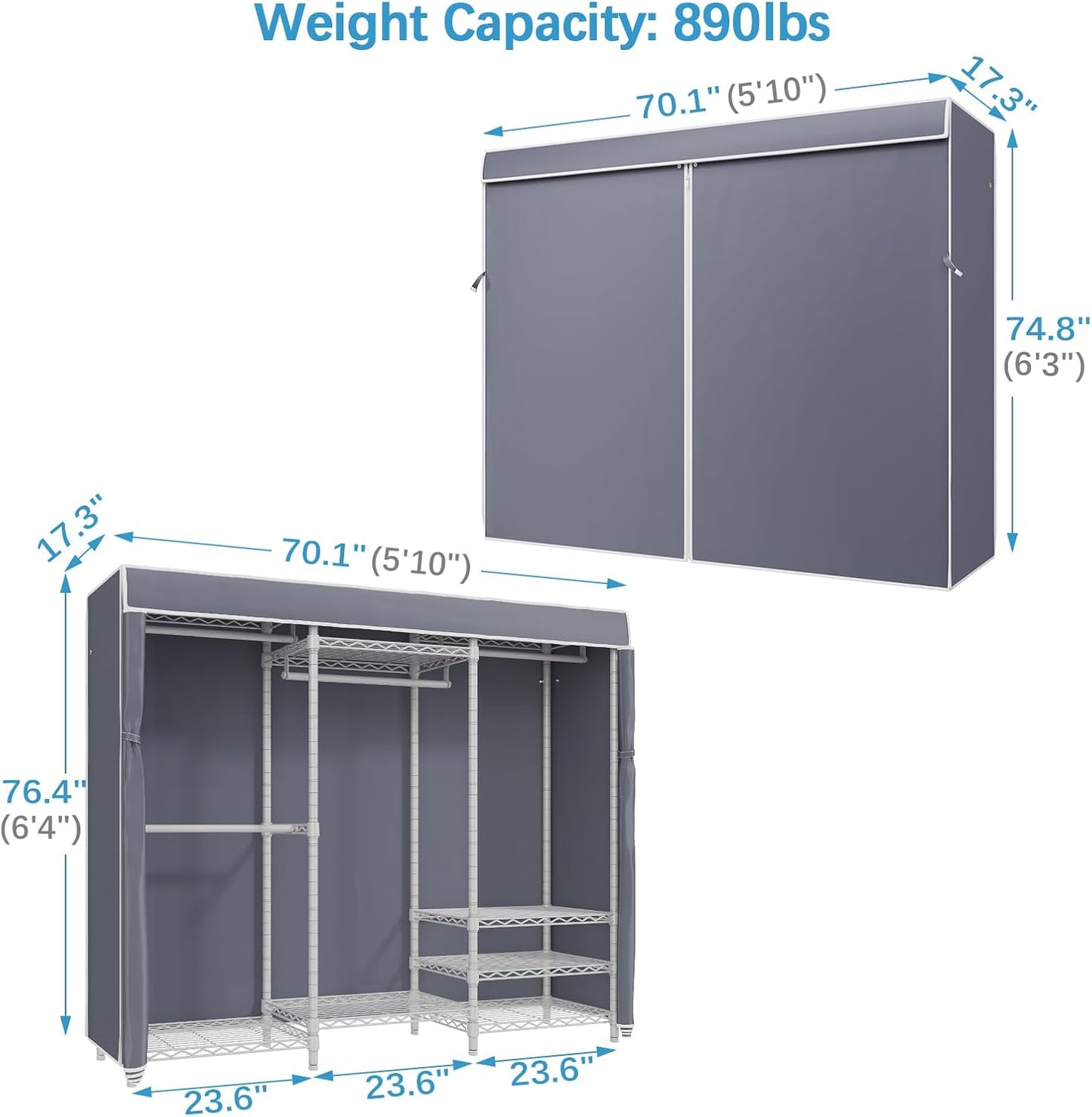 VIPEK V5C Portable Bedroom Armoires Wardrobe Closet with Cover, Heavy Duty Covered Clothes Rack Adjustable Closet Rack, White Metal Clothing Rack with Grey Oxford Fabric Cover, 70.1" Lx17.3 Wx76.4 H