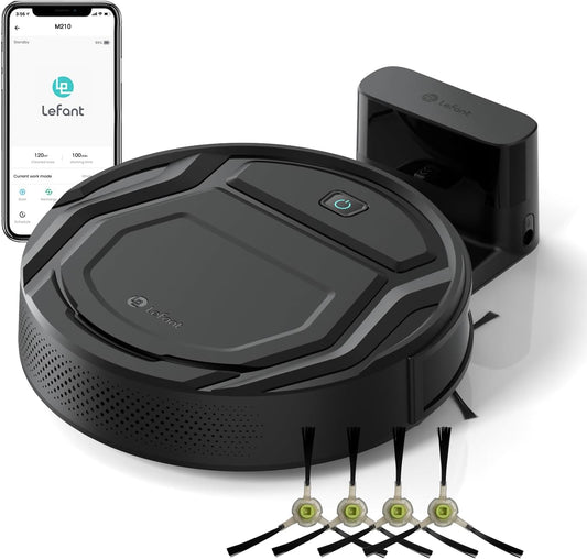 Lefant Robot Vacuum Cleaner, 120 Mins Runtime, Compact Design, Low Noise, Powerful Suction, Wi-Fi/App/Voice Control, Self-Charging, Scheduled Cleaning, Ideal for Pet Hair and Hard Floors, M210 Black