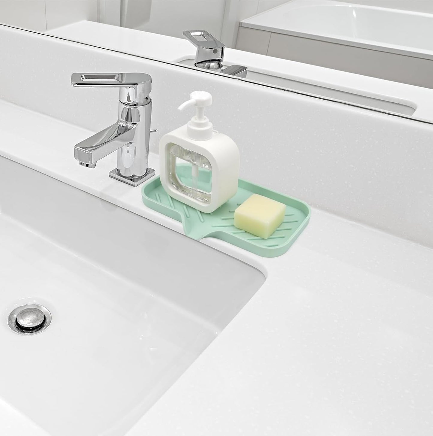 YASMEN Silicone Bathroom Soap Dishes, Sink Sponge Holder for Kitchen, Rubber Soap Dish with Drain, Shower Soap Sponge Tray, Sink or Counter Organizer, for Bar Soap, Bottle, Dish Soap Dispenser- Green