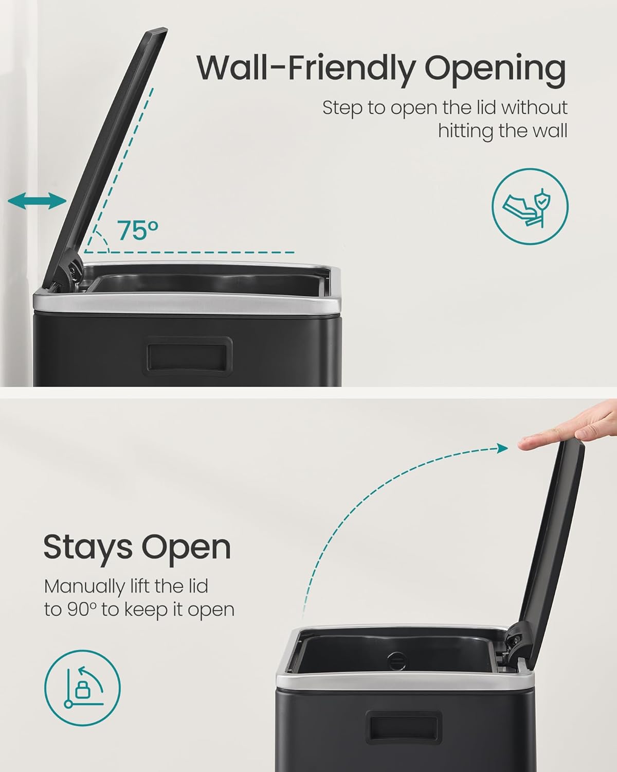 SONGMICS Trash Can, 13-Gallon Gabbage Can, with 15 Trash Bags, Steel, with Soft-Close Lid, Removable Inner Bucket, Handles, Ink Black ULTB595B01V1