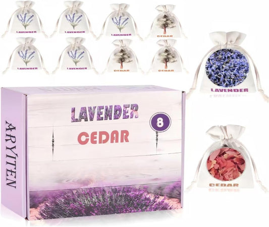 8 Pack Cedar Chips and Natural Dried Lavender Sachets Bags - Stop Clothes Damage, Cedar and Lavendar Home Fragrance Sachets for Drawers and Closets