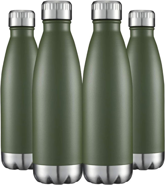 HASLE OUTFITTERS 17oz Stainless Steel Water Bottles Bulk, Vacuum Insulated Water Bottles Double Walled Powder Coated Reusable Metal Sports Water Bottles Keep Drinks Hot and Cold, ArmyGreen, 4Packs