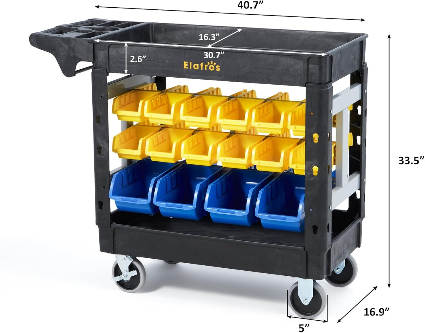 Elafros 2-Tier Utility Cart with 32 Storage Bins – Heavy-Duty Rolling Service Cart with Deep Tub Shelves, Locking Wheels, 550 lbs Capacity, 40.7"x17", for Workshop, Garage, Office