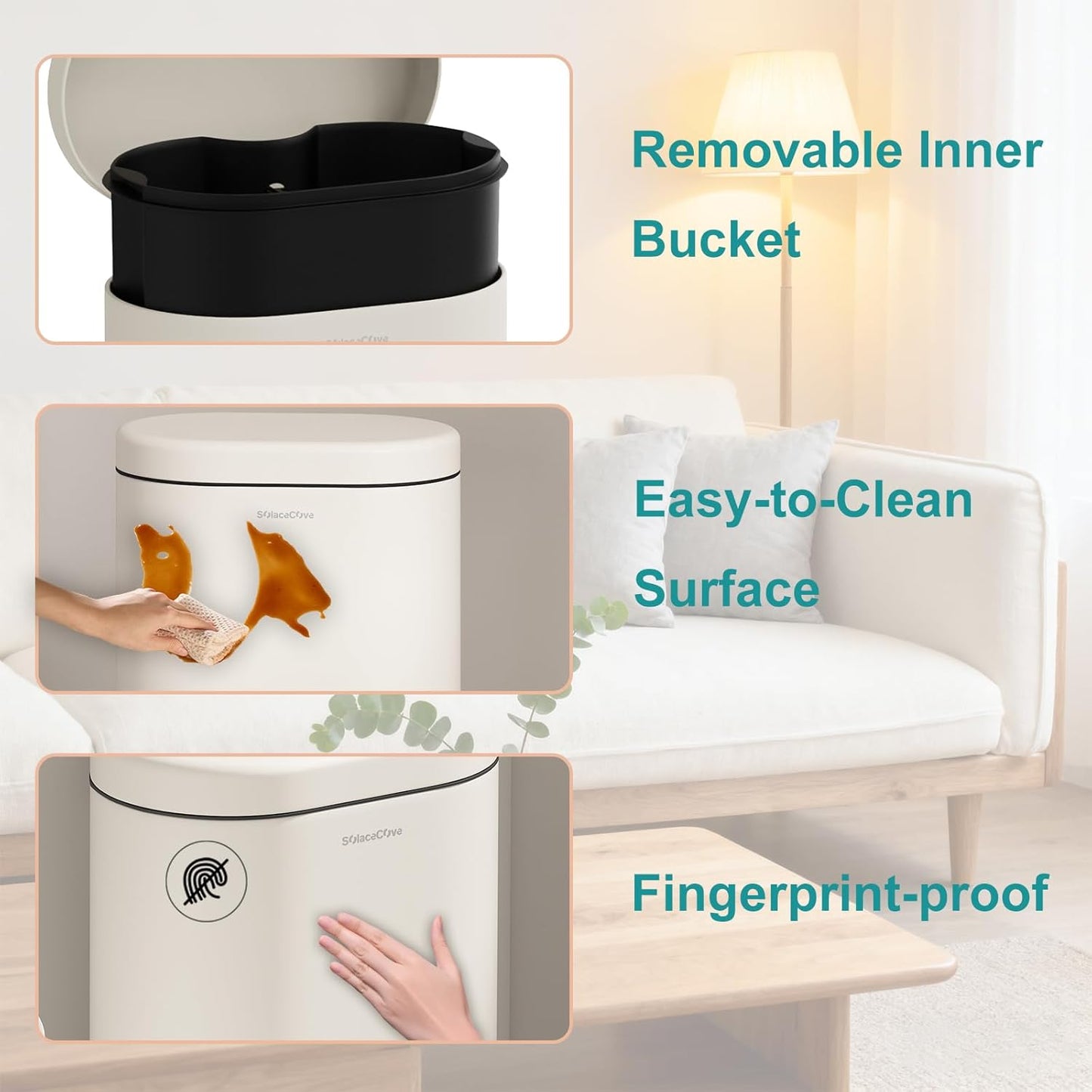 3.2Gallon Bathroom Trash Bin with Soft Close Lid,Oval Brushed Stainless Steel Garbage Can with Removable Inner Bucket,Office Trash Can with Foot Pedal for Bedroom,Living Room(Cream White)