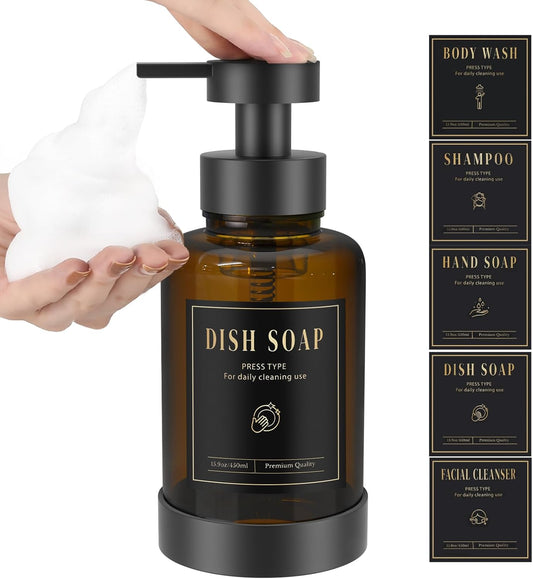 Luxspire Foaming Soap Dispenser, Glass Foam Pump Soap Dispenser, Non-Slip Silicone Sleeve & 5 Waterproof Labels, 15 Oz Refillable Liquid Bottle for Bathroom & Kitchen, Amber, 1 Pack