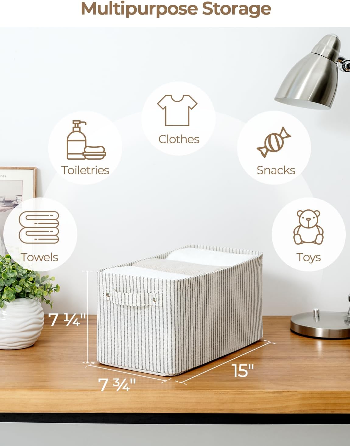 StorageWorks Narrow Storage Bins, Small Basket for Closet and Shelves, Rectangular Fabric Organizer with Handles, Toilet Paper Storage, Khaki and Beige Stripes, 2-Pack