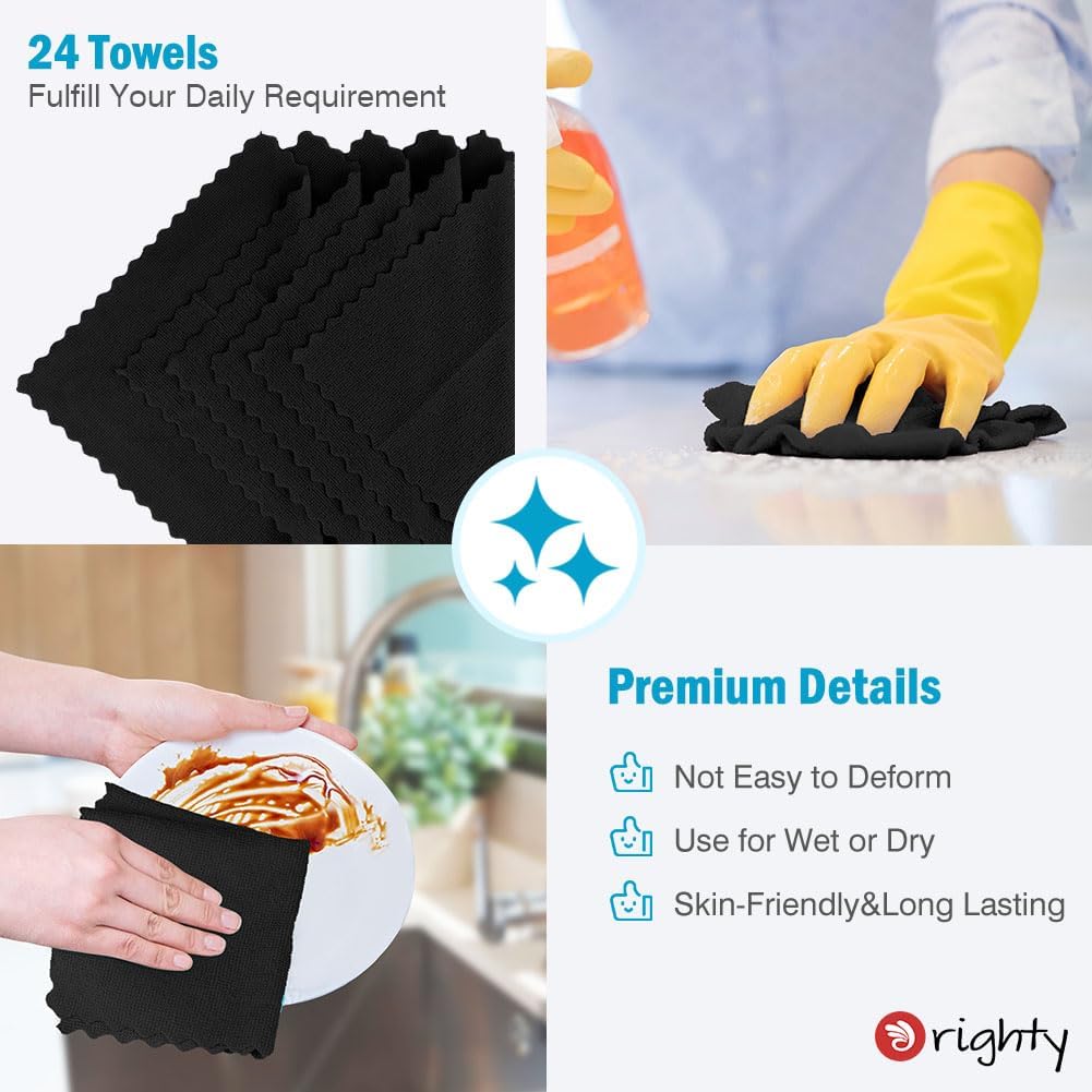 Orighty Cleaning Cloths 12x12 inch, Pack of 24, Highly Absorbent Microfiber Cleaning Supplies, Lint Free Cloths for Multiple-use, Powerful Cleaning Rags for House, Kitchen, Car Care (Black)