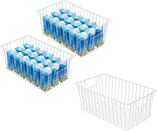Wire Storage Baskets, Upright Freezer Organizer Bins - 3 Pack Freezer Baskets, Pantry Baskets For Kitchen Cabinets, Pantry, Closets, Bathroom, Office, White