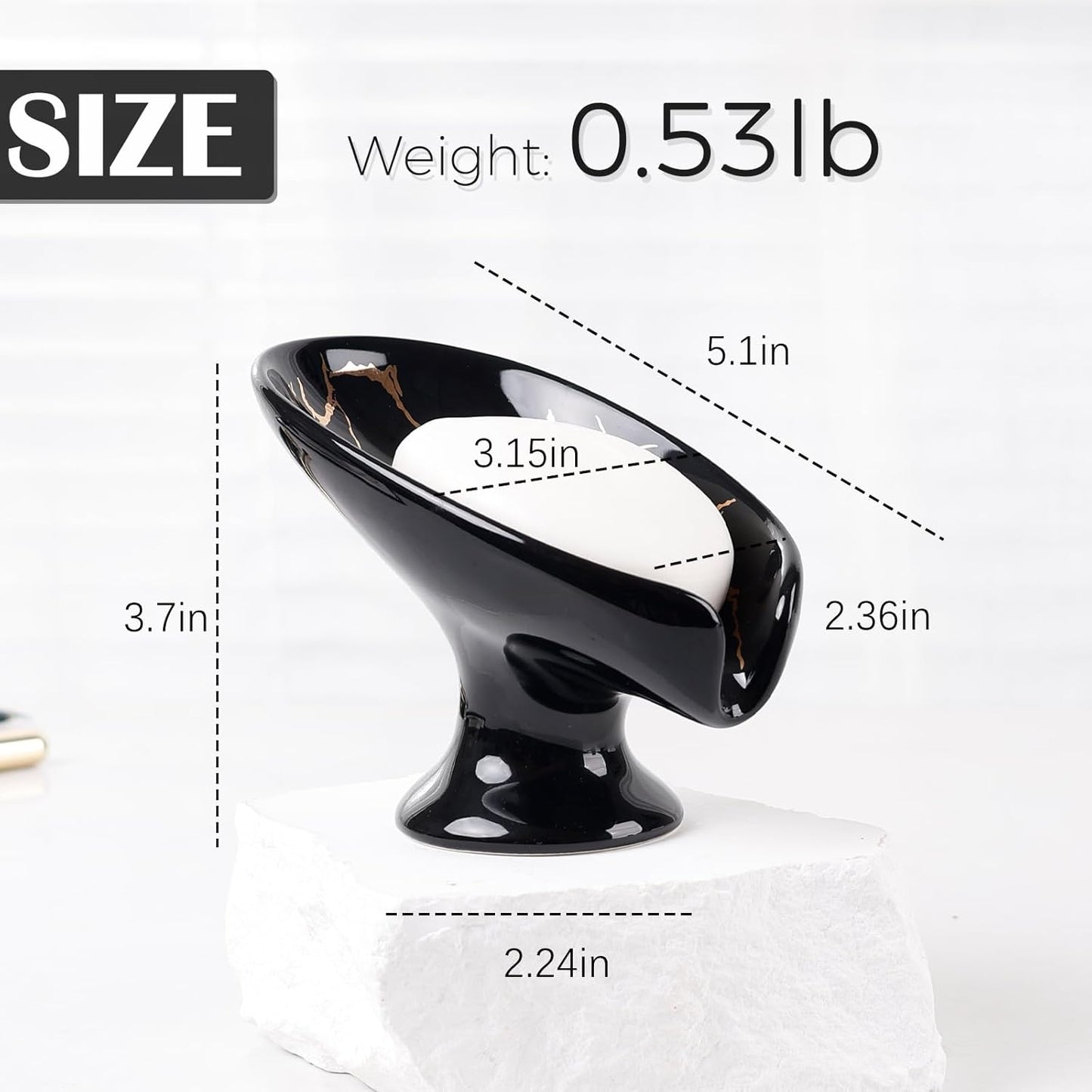 Soap Dish, Ceramic Soap Holder Self Draining Leaf Shape Bar Soap Holder, Marble Look Black Drain Soap Dish Holder for Bathroom, Easy to Clean Keeps Soap Dry, ANTIS'S HOME