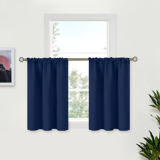 BGment Navy Blue Curtains 30 Inches Length for Kitchen Cafe Window - Small Half Window Drapes with Rod Pocket Blackout Blinds for Basement Rv Bathroom, 2 Panels, 34 x 30 Inch