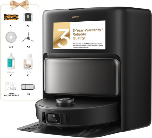 Mova V50 Ultra Complete Robot Vacuum and Mop Self-Cleaning, 24,000 Pa Suction, Liftable Navigation with Obstacle Overcoming and Warm Water Mopping with DuoSolution System Designed for Pets, Black