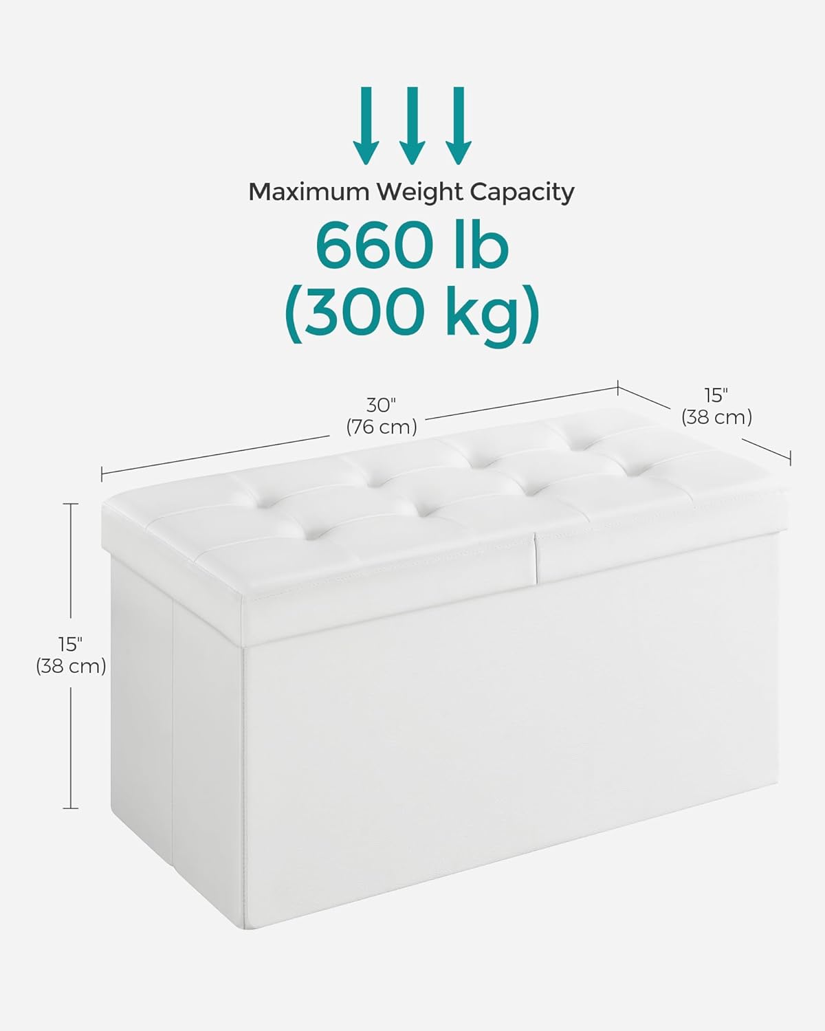 SONGMICS MAZIE Collection - 30 Inches Storage Ottoman Bench with Flipping Lid, Storage Chest Footstool, Load 660 lb, for Entryway, Living Room, Bedroom, Synthetic Leather, White ULSF45WT