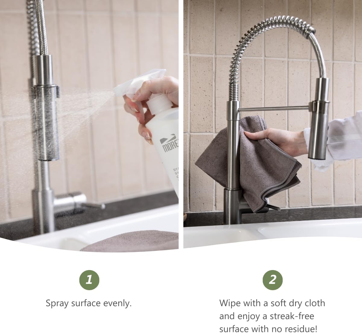 MORE - Stainless Steel Cleaner & Polish Spray + Microfiber Cloth - Stainless Steel Cleaner for Appliances, Sink, Fridge & Grill - Water-Based Streak-Free Formula - Peppermint Essential Oil Scent 16 oz