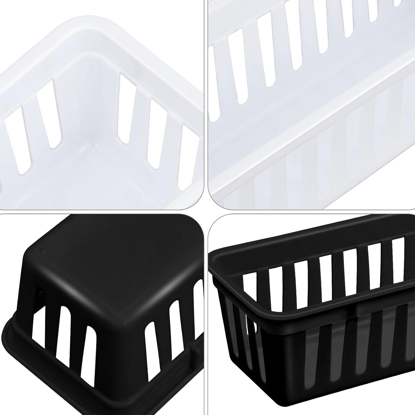 Domensi 12 Pack Slim Plastic Storage Baskets Tray for Organizing 10.25x3.25x2.5 Inch Small Narrow Storage Bins Stackable Drawer Pencil Trays Holder for Desk Garage Cabinet Container (White, Black)