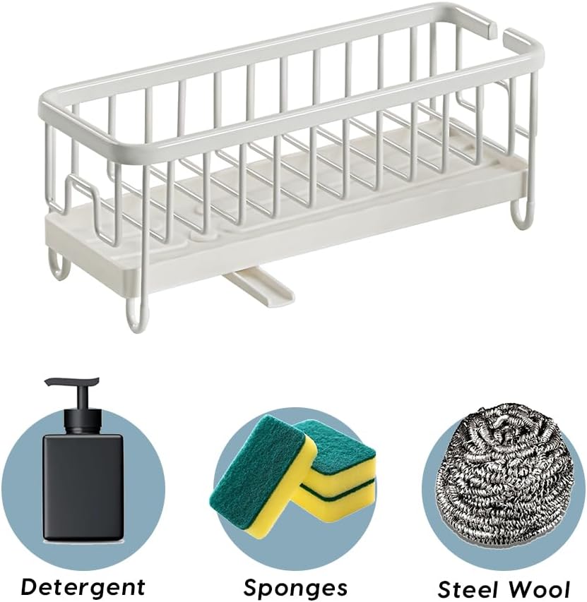 SunnyPoint Never Rust Aluminum Utensil, Sink Cleaning Tools Holder for Kitchen Sink with Drain Board; Dish Wand, Sponge, Soap Dispenser, Utensil Organizer Caddy (WHT)