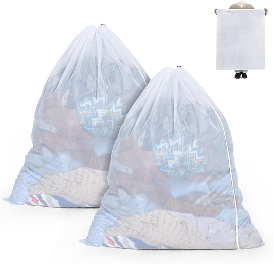OTraki Large Mesh Laundry Bag 36 x 43 Inch Drawstring Laundry Wash Bags, 2 Pack Dirty Clothes Net Laundry Bag Heavy Duty Travel Storage Organize Bag for Home Apartment Dorm Camp Hotel Beach, White
