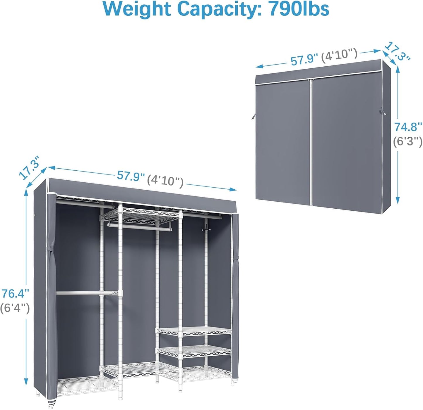 VIPEK V5C Covered Clothes Rack Heavy Duty Portable Closet Wardrobe, Freestanding White Metal Clothing Rack with Grey Oxford Fabric Cover, Adjustable Custom Closet Rack, 57.9" Lx17.3 Wx76.4 H (Medium)
