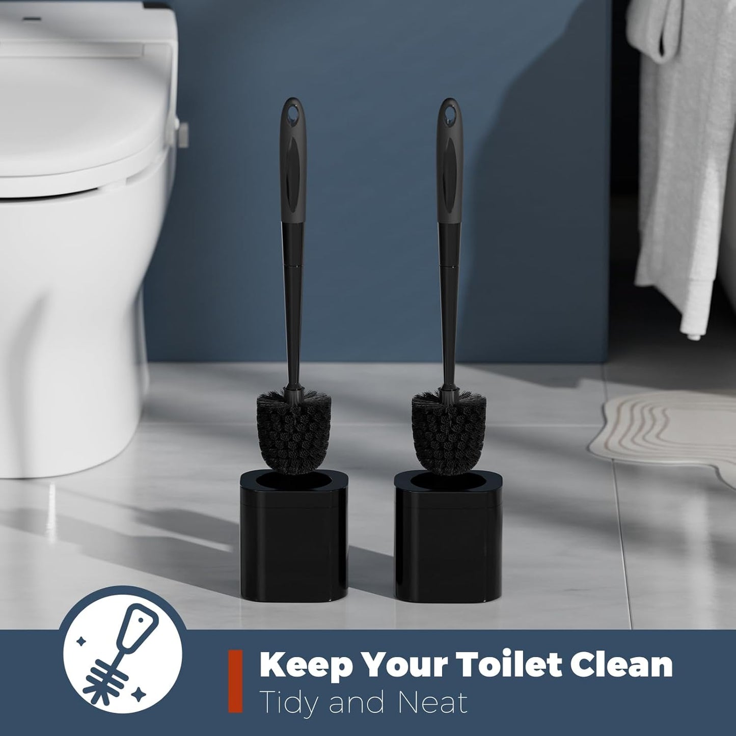Toilet Brush, 2 Pack Toilet Brush and Holder Set Bathroom Accessories, Toilet Bowl Brush and Holder for Bathroom, Black