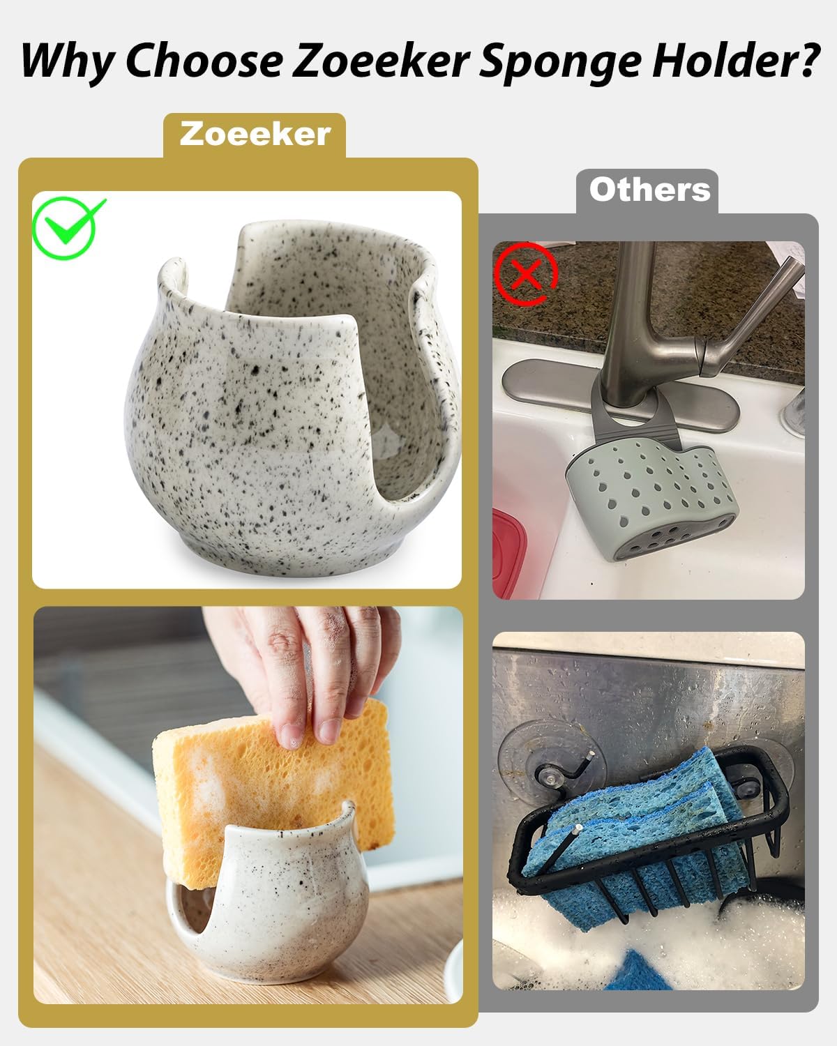 Sponge Holder for Kitchen Sink, Ceramic Dish Sponge Dish Rack Scrubby Caddy Kitchen Organizer Cute Sink Caddy Organizer, Farmhouse Decor, Speckled Glaze