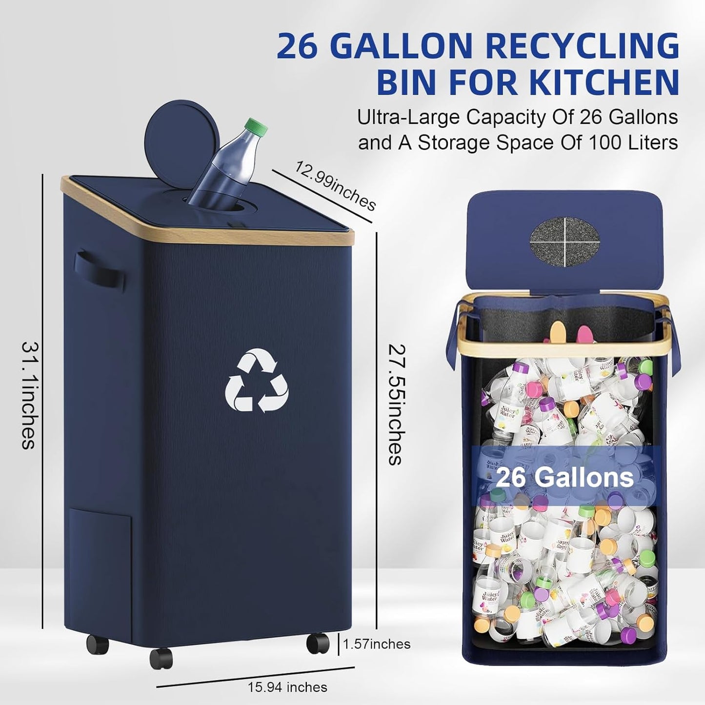 26 Gallon Recycling Bin for Kitchen, 100L Recycle Bin with Lid, Recycle Bins for Kitchen with 4 Wheels(Lockable),2 Reusable Inner Bags, for Bottle Can Glass Plastic Stickers, Dark Blue