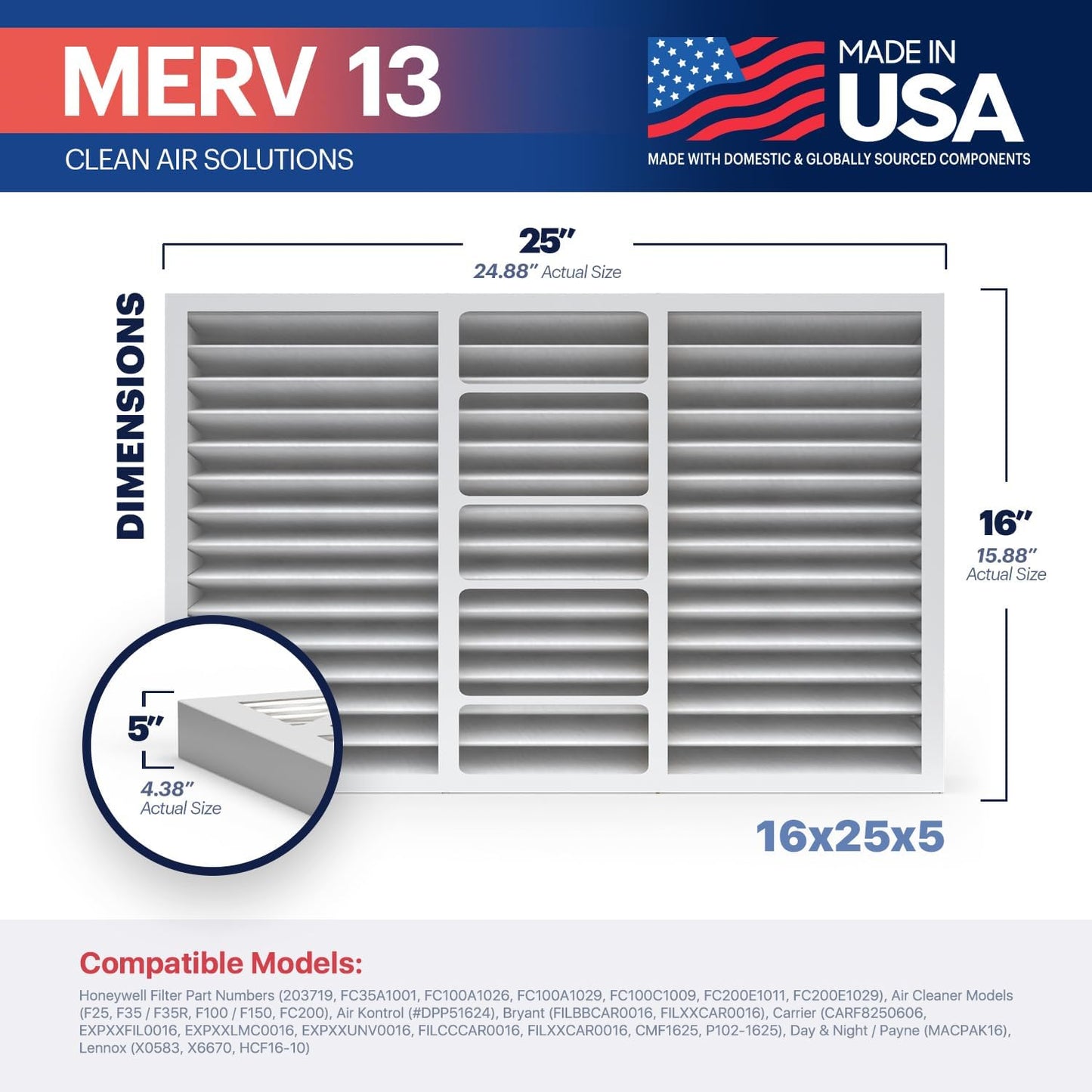 BNX TruFilter 16x25x5 (15.88’’ x 24.88’’ x 4.38‘’ Compatible with Honeywell 4”) MERV 13 Air Filter (2-Pack) - MADE IN USA - HVAC AC Furnace Filters, Allergies, Mold, Bacteria, Smoke, MPR 1900 FPR 10