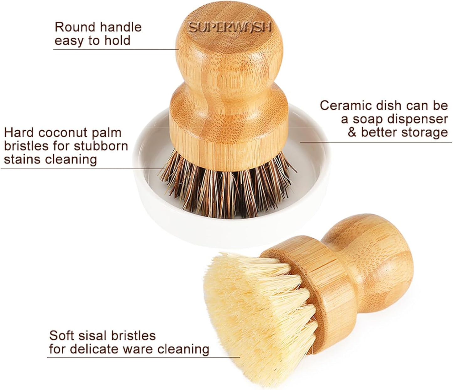 Bamboo Brush Dish Scrubber Clean Pan and Vegetable, Natural Bristles Palm Pot Brush 2 Pack Round Mini Dish Brush with 2 Ceramic Dish for Kitchen Sink Cleaning