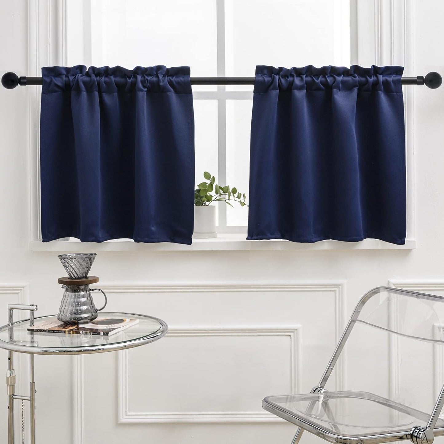 Cafe Kitchen Curtains 36 Inches Long 2 Panels, Blackout Tier Curtains with Rod Pocket, Short Black Out Curtain for Small Window, 42" Wide and 36" Length, Set of Two, Navy Blue