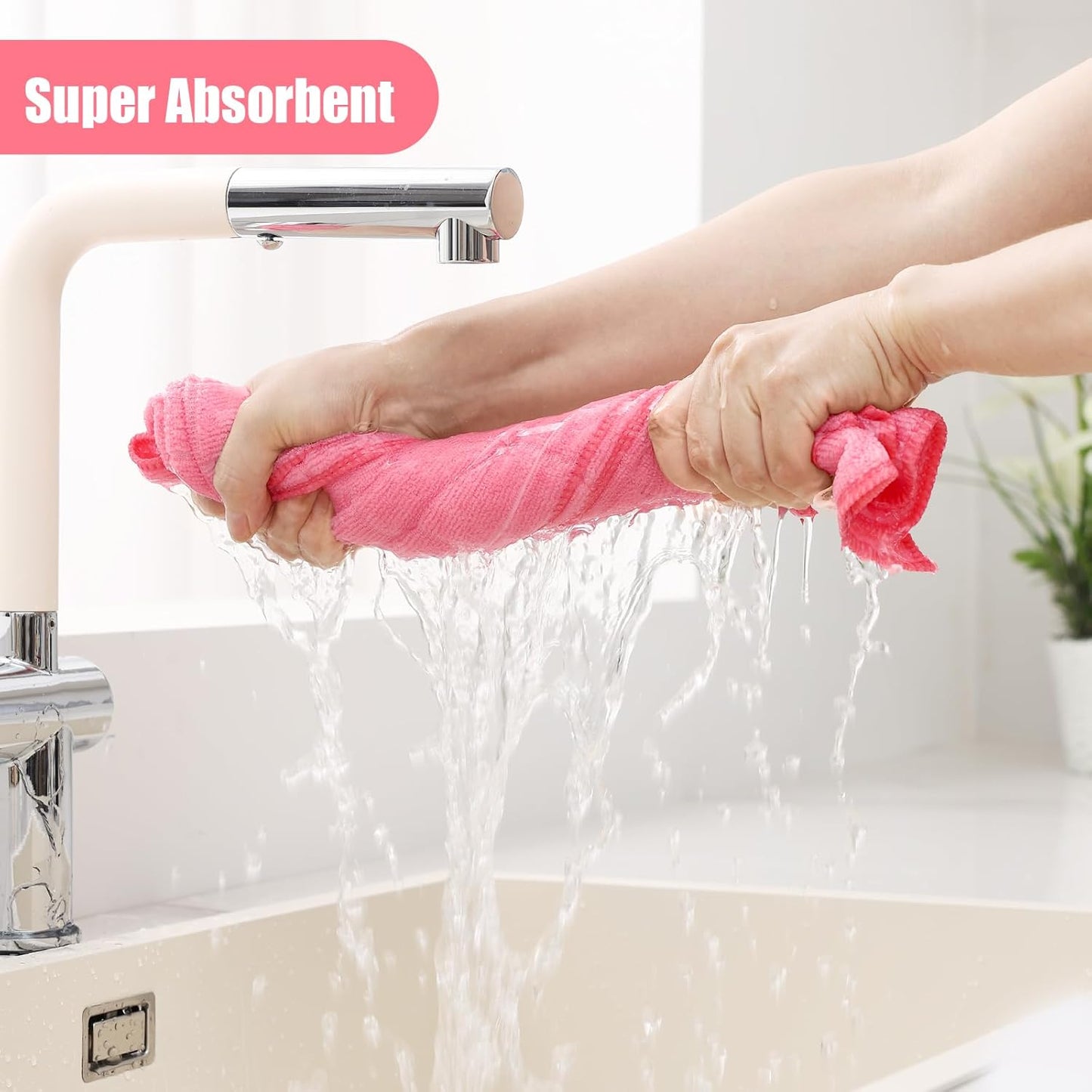 Homaxy Microfiber Kitchen Towels and Dishcloths Set, 12 Pack Soft and Absorbent Dish Hand Towels Bulk, 28 x 16 Inch & 12 x 12 Inch Quick Drying Rags for Washing Dishes, Pink